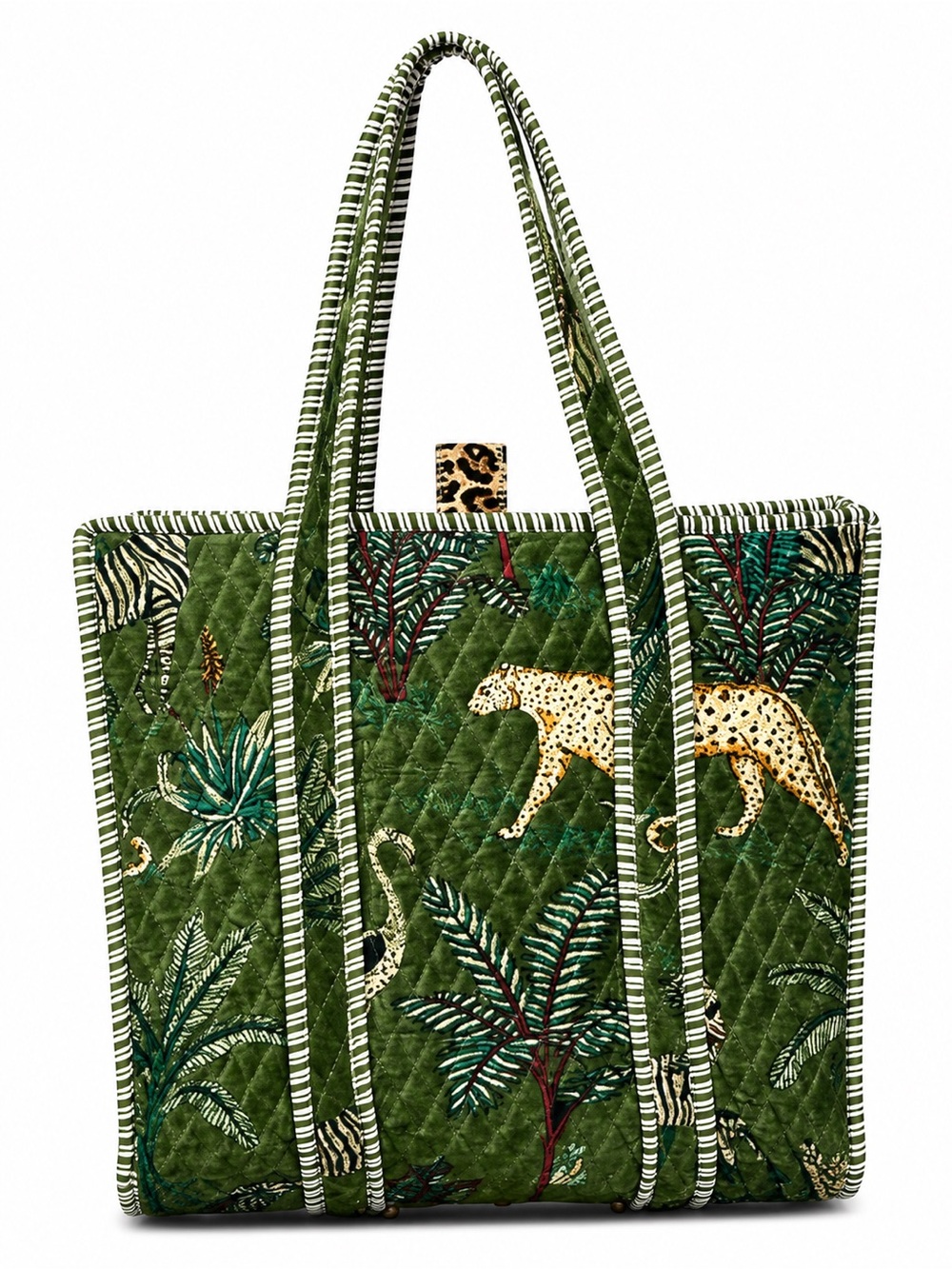 POL Green Quilted Tote with Jungle & Leopard Print. Selling Fast